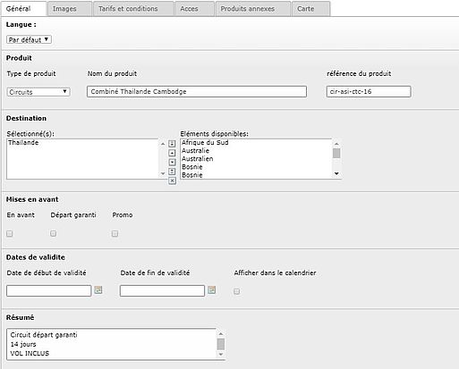 Interface d'administration de contenu de site internet